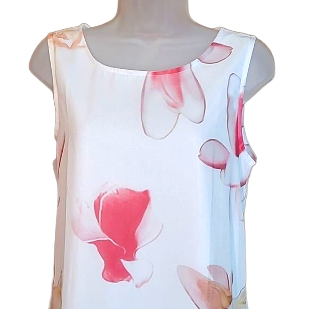 Floral Chiffon Mini Dress Sheer Lined Sleeveless Shift Tunic Boat Neck Flowery - Picture 13 of 17